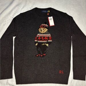Polo Ralph Lauren Lunar New Year Bear Wool Cashmere Gray Sweater M Pwing Stadium